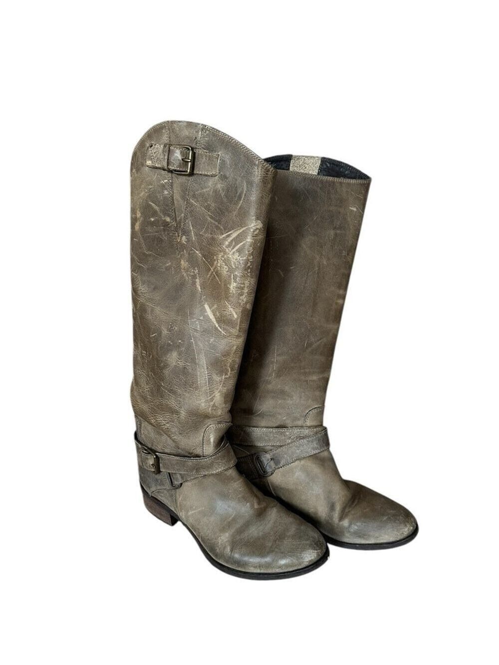 CHARLES DAVID Italy Vey Distressed Gray Leather Red Zip Up Riding Boots 6.5